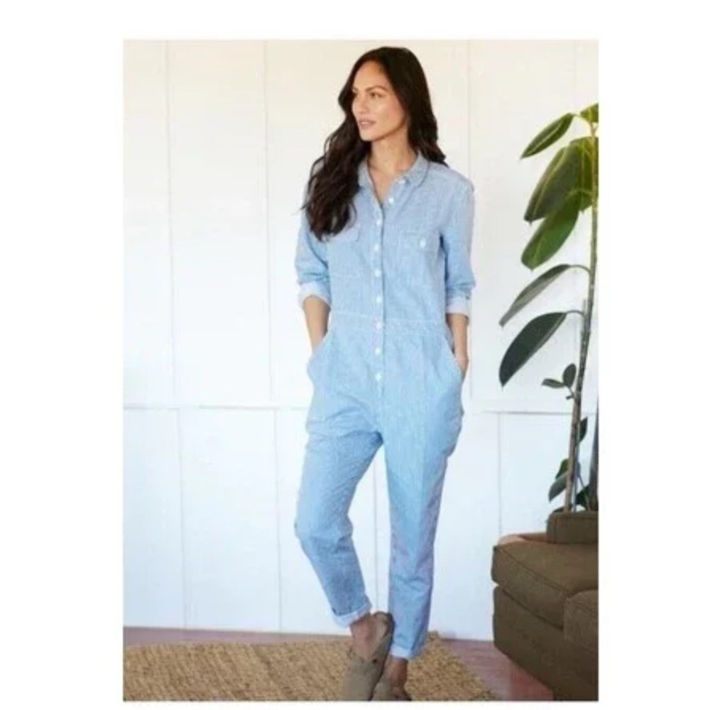 OuterKnown S.E.A Suit Organic Cotton Linen Blend Striped Blue Coverall Sz S NWT - Picture 3 of 5